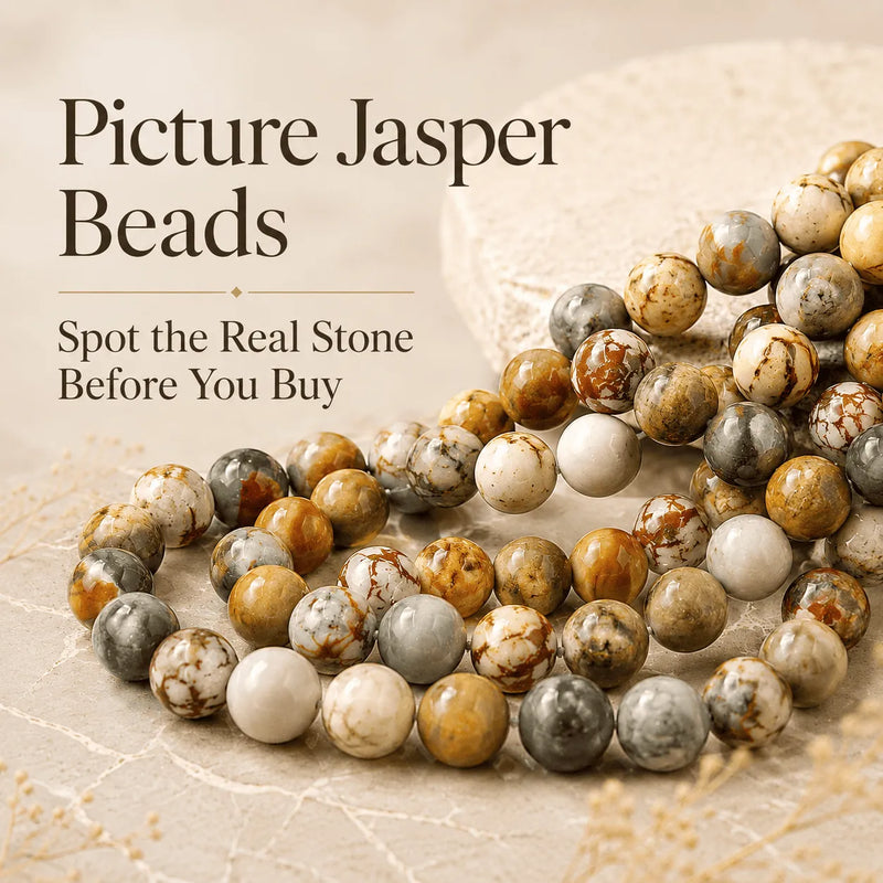 Picture jasper beads blog cover with natural stone beads and headline about spotting the real stone before buying