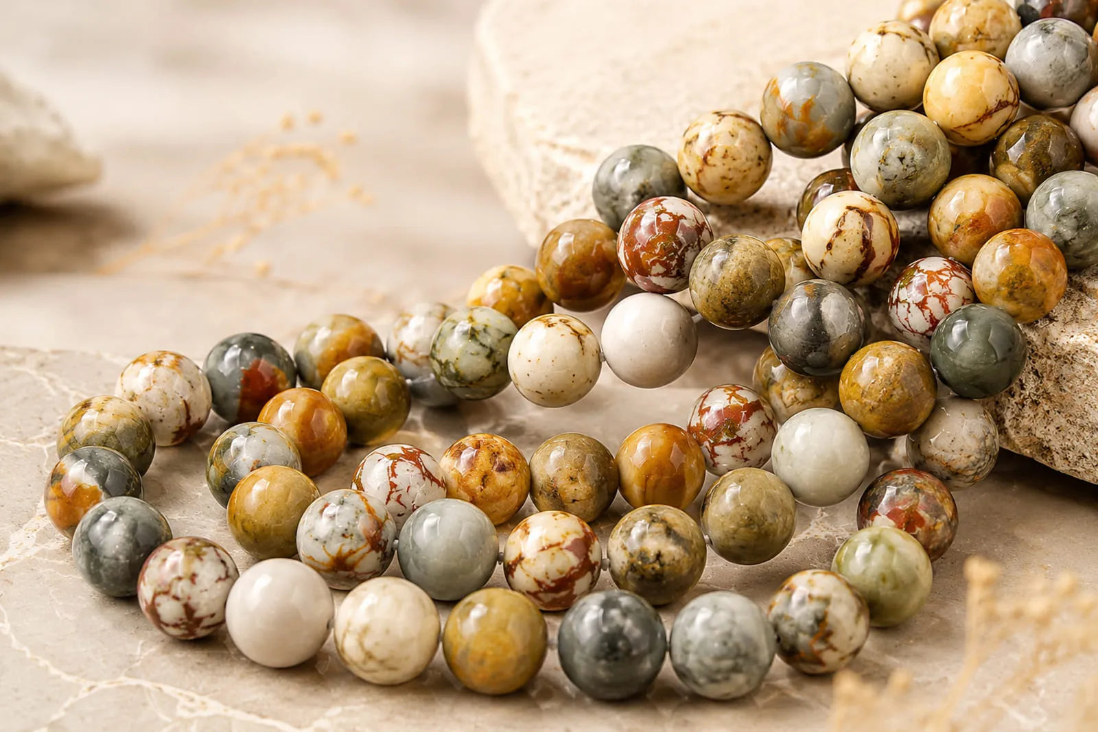 Picture Jasper beads in earthy gray, cream, brown, and golden tones arranged across a textured stone surface.
