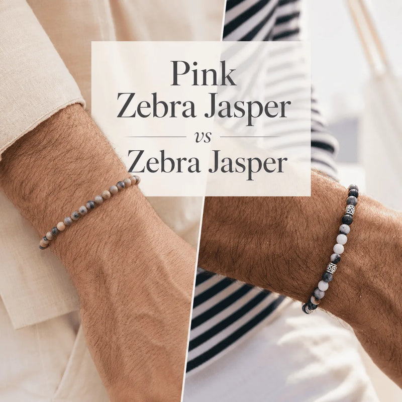Pink Zebra Jasper vs Zebra Jasper bracelet comparison with two men wearing natural stone bead bracelets