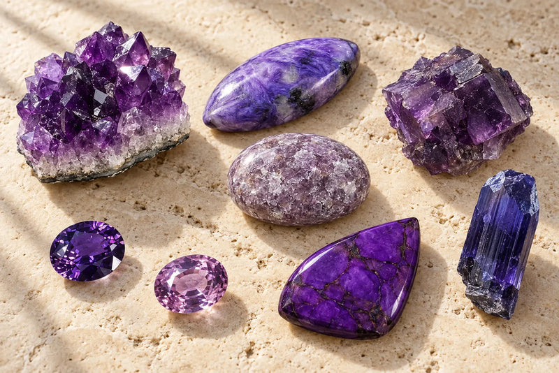 Purple gemstones in different colors, cuts and natural crystal forms arranged on travertine