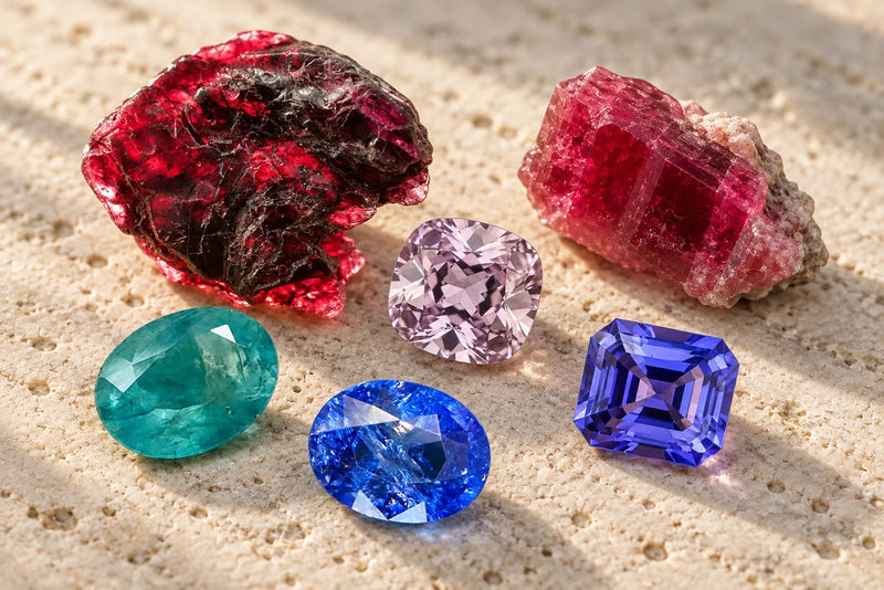 Collection of rare gemstones in rough and faceted forms, including colorful blue, violet, green, pink, and red specimens on limestone.