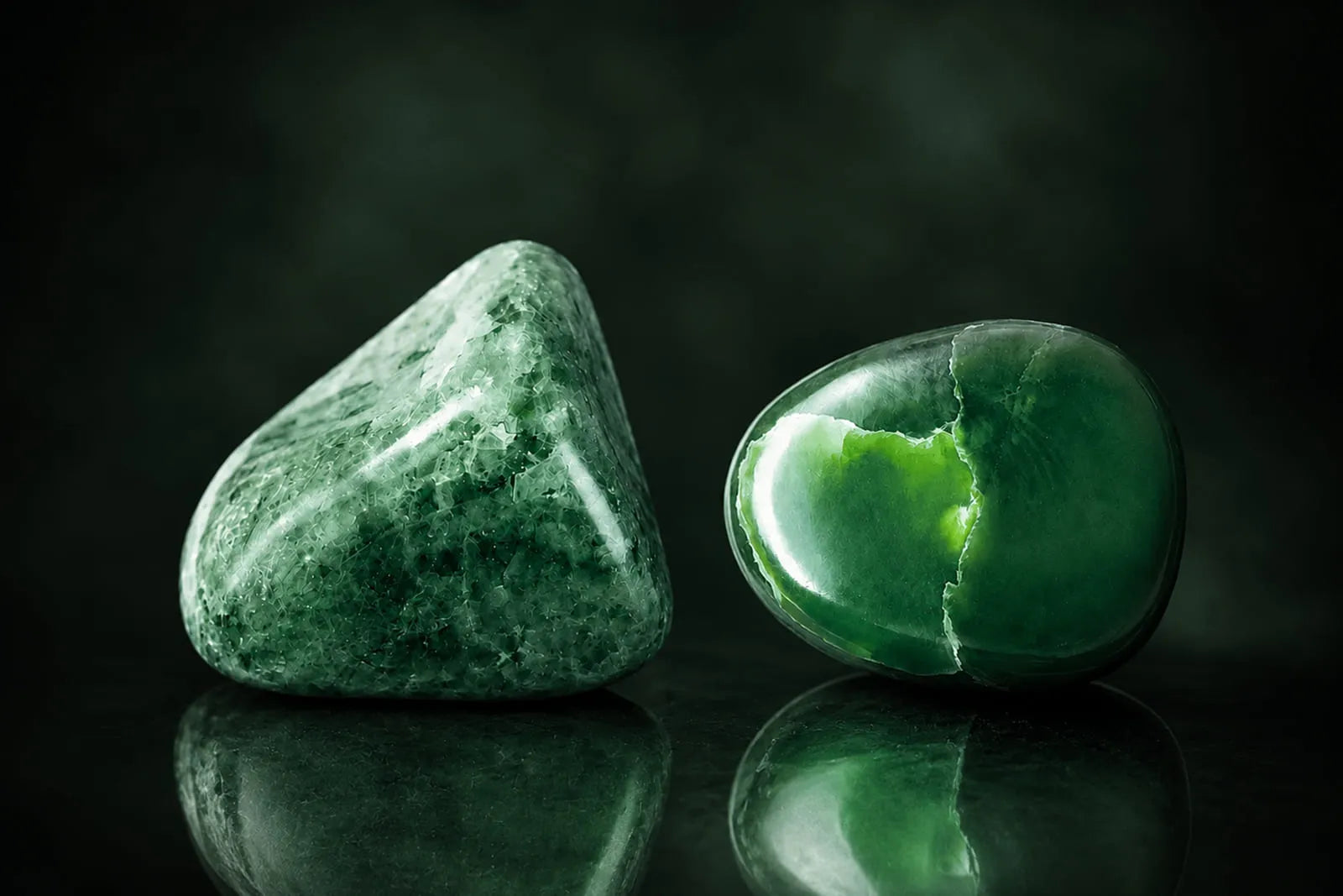 Jadeite vs Nephrite comparison featuring two polished green stones with different textures, patterns, and translucency.