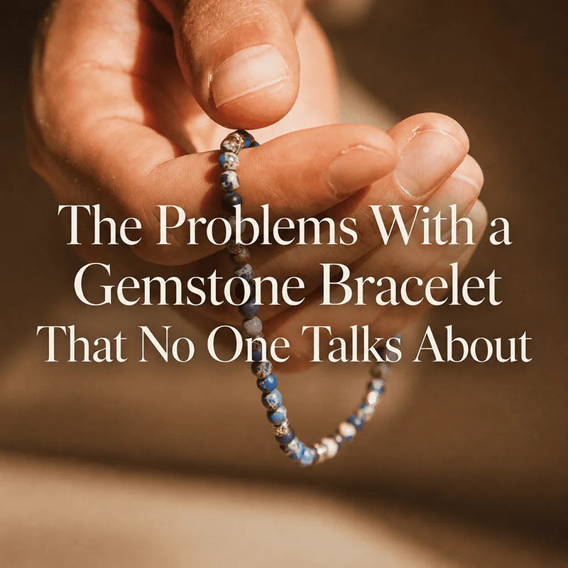 The Problems With a Gemstone Bracelet blog cover showing a hand holding a blue gemstone bracelet in warm light.