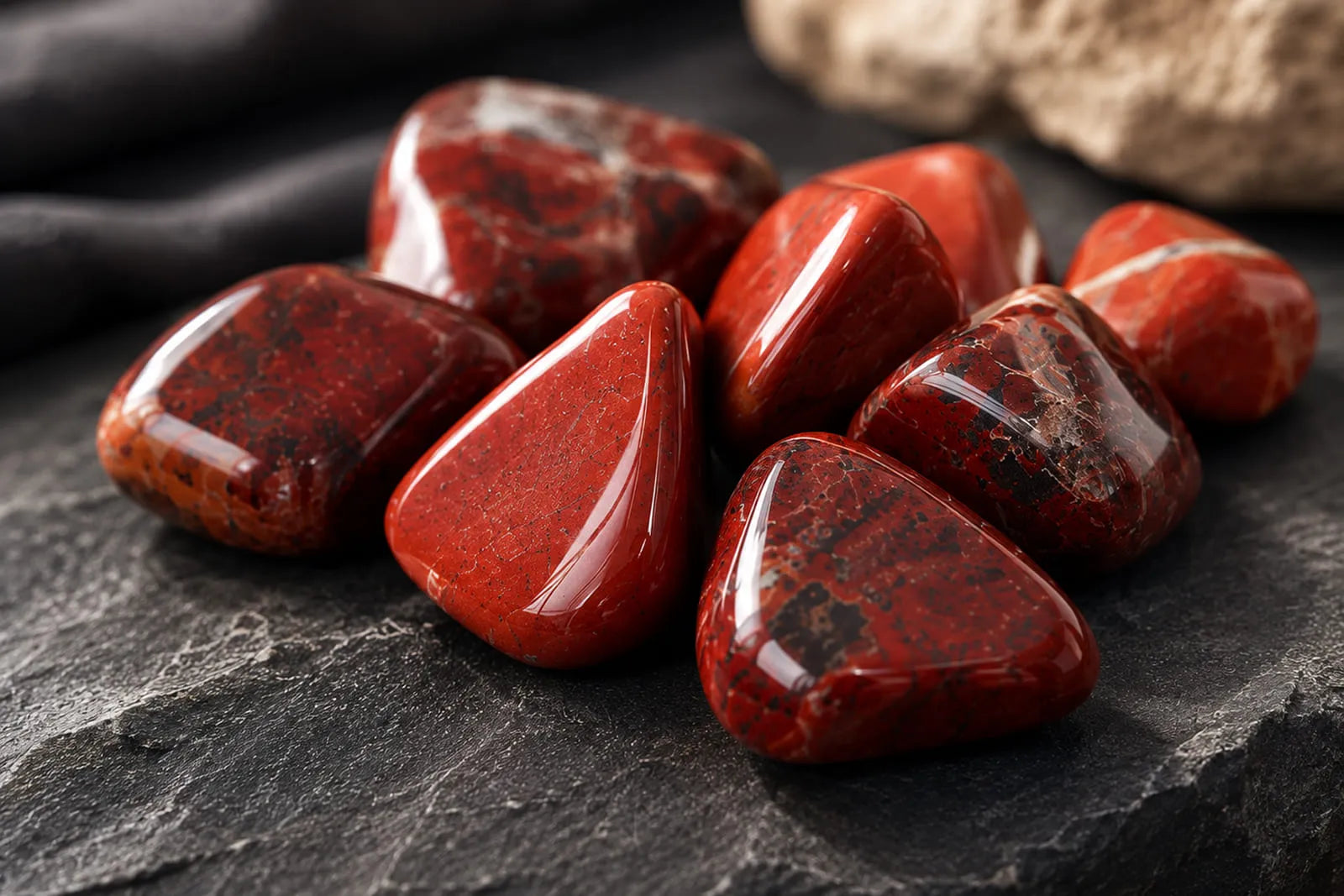 Polished red stones displayed on a dark surface, showing different colors and patterns for a guide to red gemstone names.