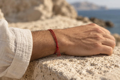 Red string bracelet on a man’s wrist by the Mediterranean coast, illustrating red string bracelet meaning and simple everyday wear.