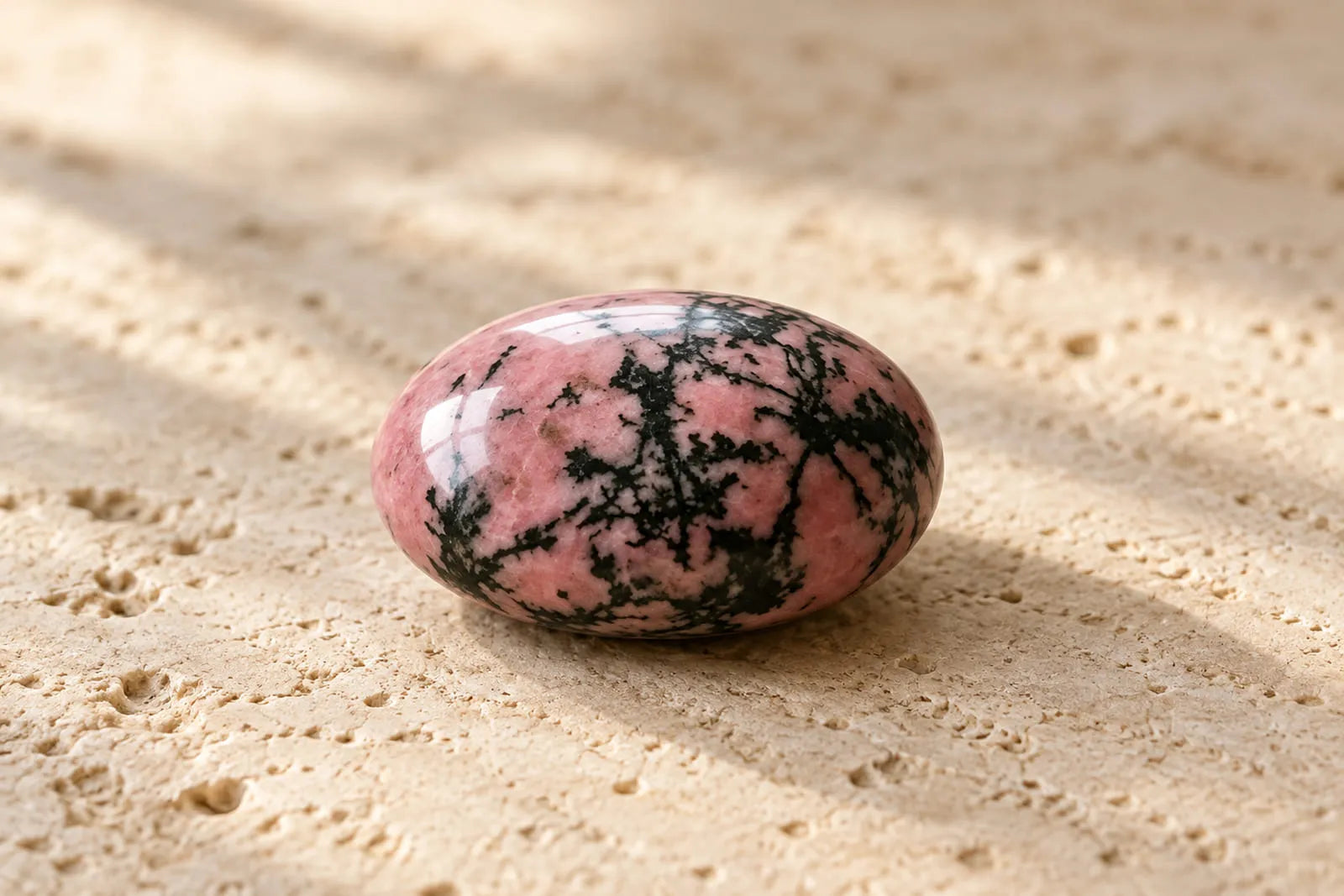 Polished pink rhodonite stone with natural black markings on pale travertine, illustrating rhodonite meaning and appearance.