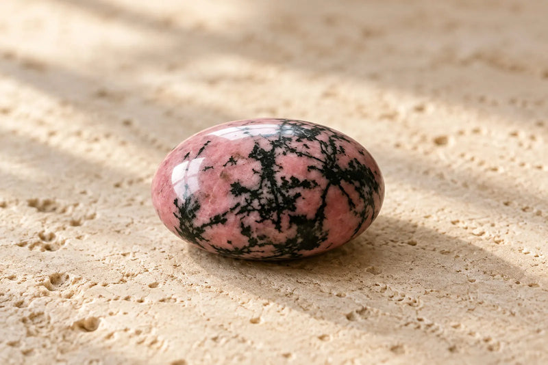 Polished pink rhodonite stone with natural black markings on pale travertine, illustrating rhodonite meaning and appearance.