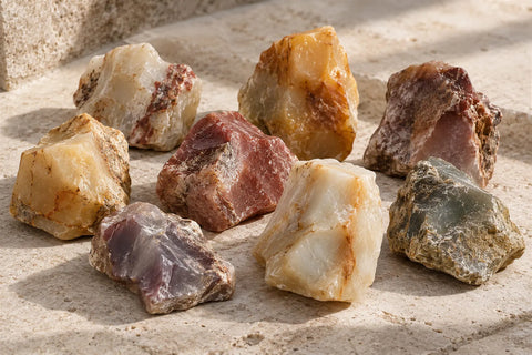 Natural Shoushan Stone specimens showing cream, yellow, red, brown, green, and purple color variations.