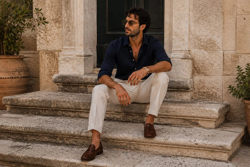 Man wearing a navy shirt, cream trousers and brown loafers in a Mediterranean setting, showing a relaxed smart casual outfit for men.