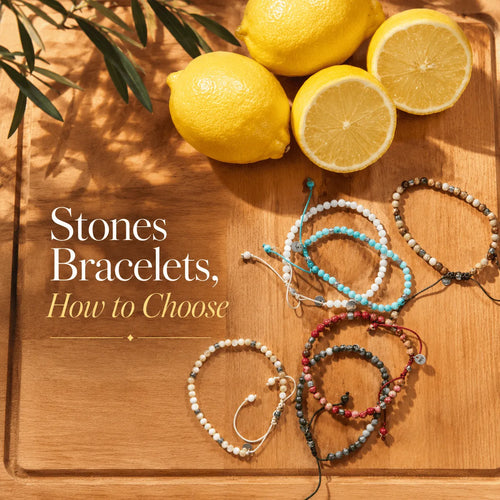 Stones Bracelets, How to Choose blog cover with men’s stone bracelets, lemons, and warm summer styling