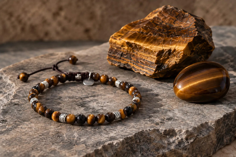 Tiger Eye Stone shown as a rough mineral specimen, polished stone and men’s beaded bracelet.
