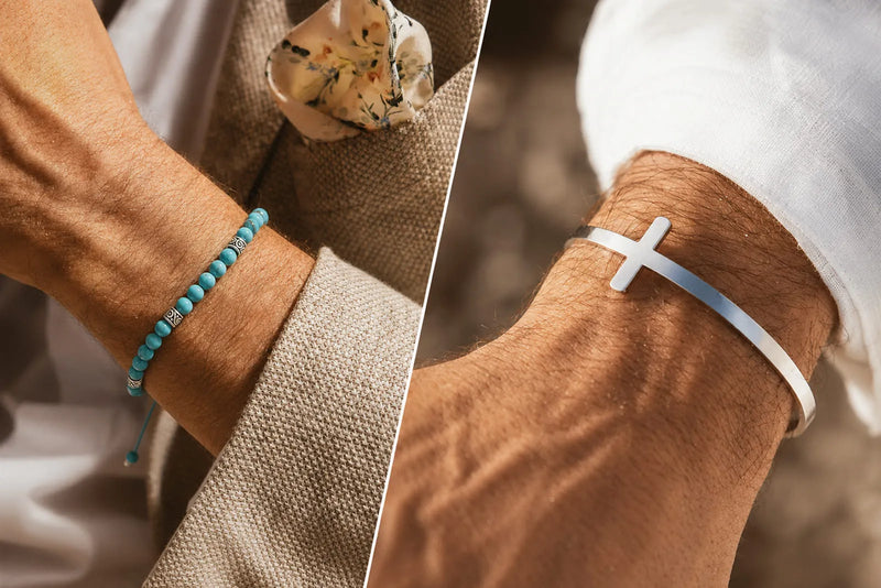 Turquoise bracelet silver comparison featuring a blue beaded bracelet and polished silver cross cuff on men’s wrists.