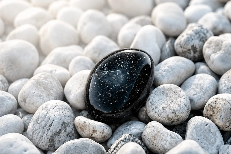 What stones are black? A polished black gemstone rests among smooth white and gray pebbles in soft natural light.