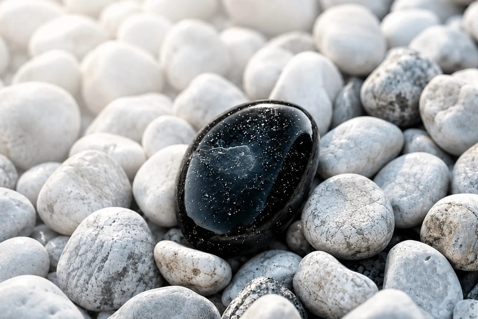 What stones are black? A polished black gemstone rests among smooth white and gray pebbles in soft natural light.