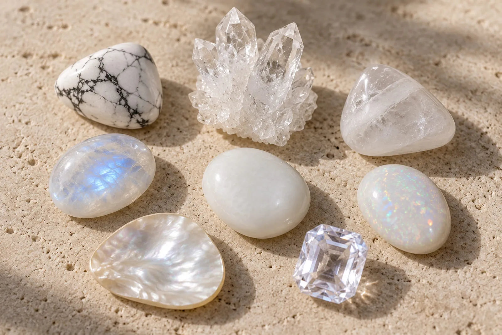 White gemstones arranged on pale stone, including howlite, rock crystal, moonstone, white opal, mother of pearl and clear faceted stone.