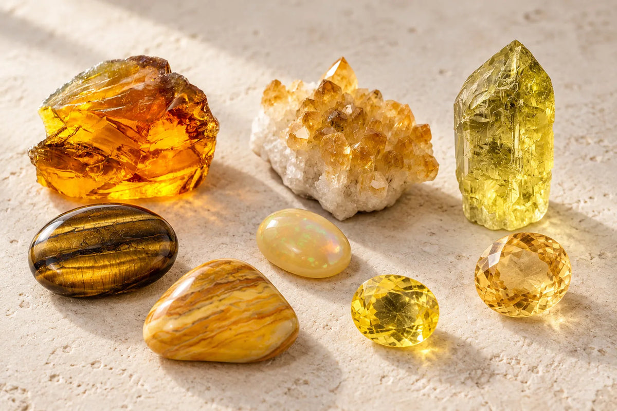 Yellow gemstones in golden, honey and mustard tones, including polished, faceted and natural mineral specimens.
