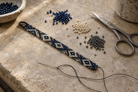 Beading patterns workspace with a navy and cream woven band, loose seed beads, a needle, thread, and scissors.