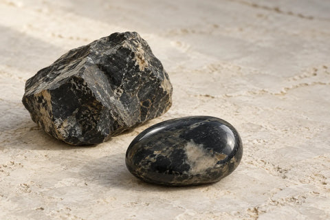 Black jasper illustration showing a rough dark stone beside a polished oval stone on pale limestone.