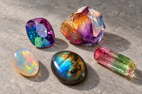 Illustration of colorful gemstones with purple, gold, pink, green, and blue tones on pale stone