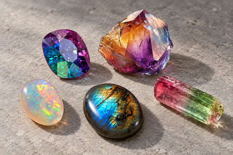 Illustration of colorful gemstones with purple, gold, pink, green, and blue tones on pale stone