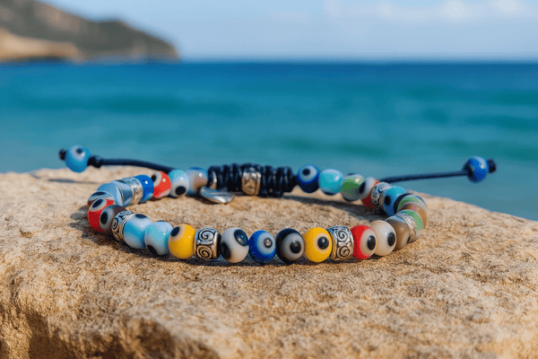 Multicolored evil eye bracelet resting on a rock with a blue ocean in the background.
