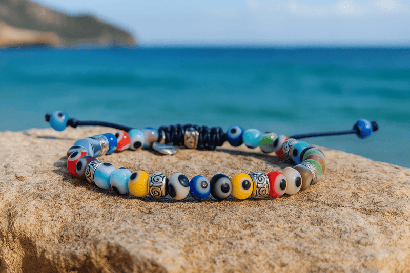 Multicolored evil eye bracelet resting on a rock with a blue ocean in the background.