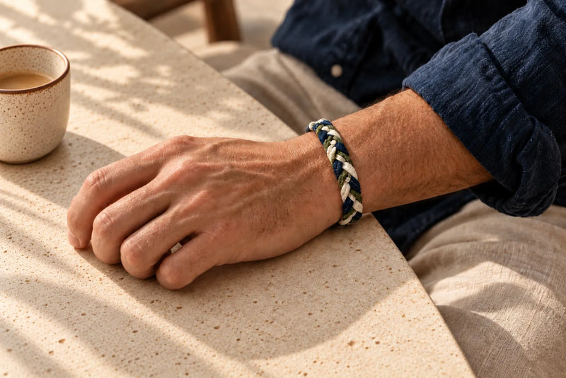 Man wearing a navy, olive, and cream braided fabric bracelet beside a coffee cup