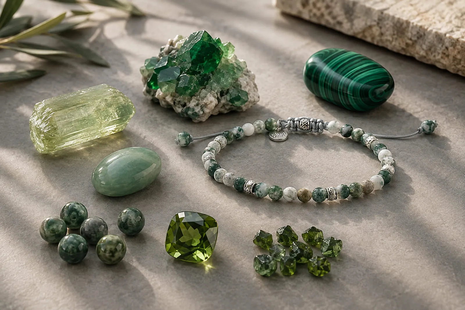 Green stones identification guide showing polished stones, crystals, beads and a green stone bracelet