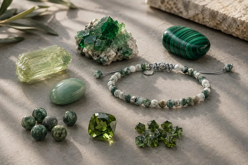 Green stones identification guide showing polished stones, crystals, beads and a green stone bracelet