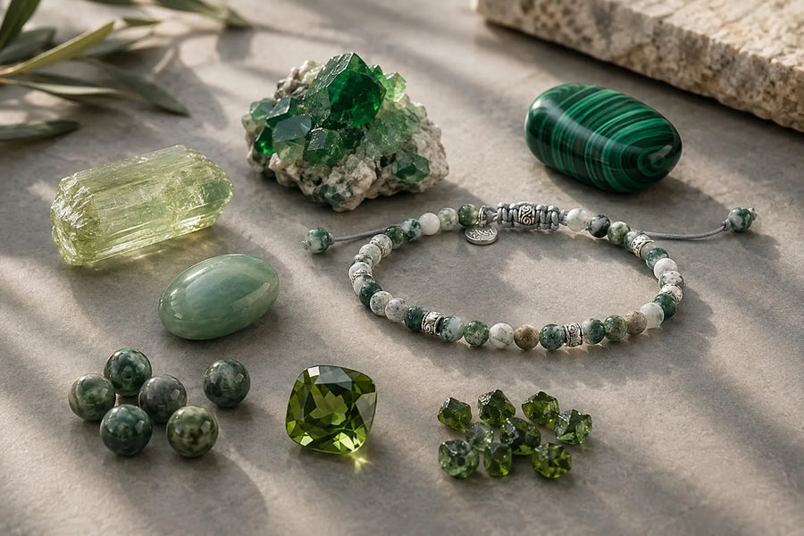 Green stones identification guide showing polished stones, crystals, beads and a green stone bracelet