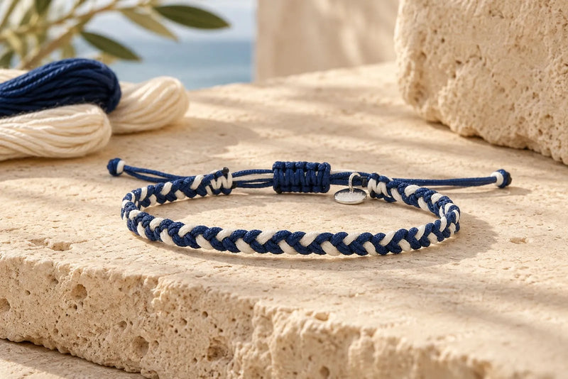 Navy and cream braided friendship bracelet with an adjustable knot and round charm on a stone surface