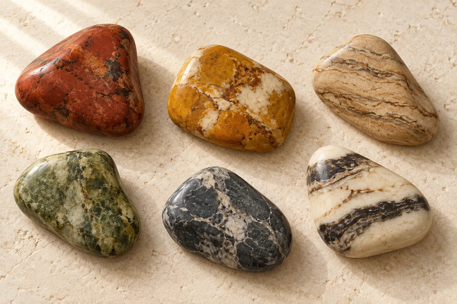 Jasper color illustration showing six polished stones in red, ochre, beige, green, charcoal, and cream on pale limestone.