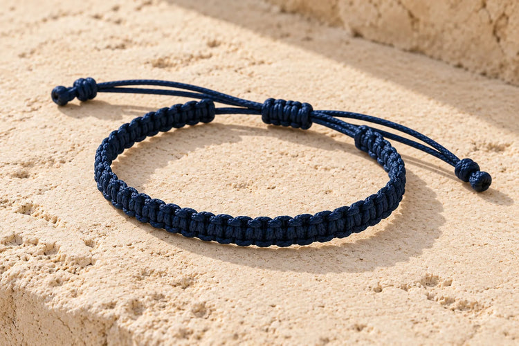 Navy knotted bracelet with a sliding closure and knotted cord ends resting on a pale stone surface.