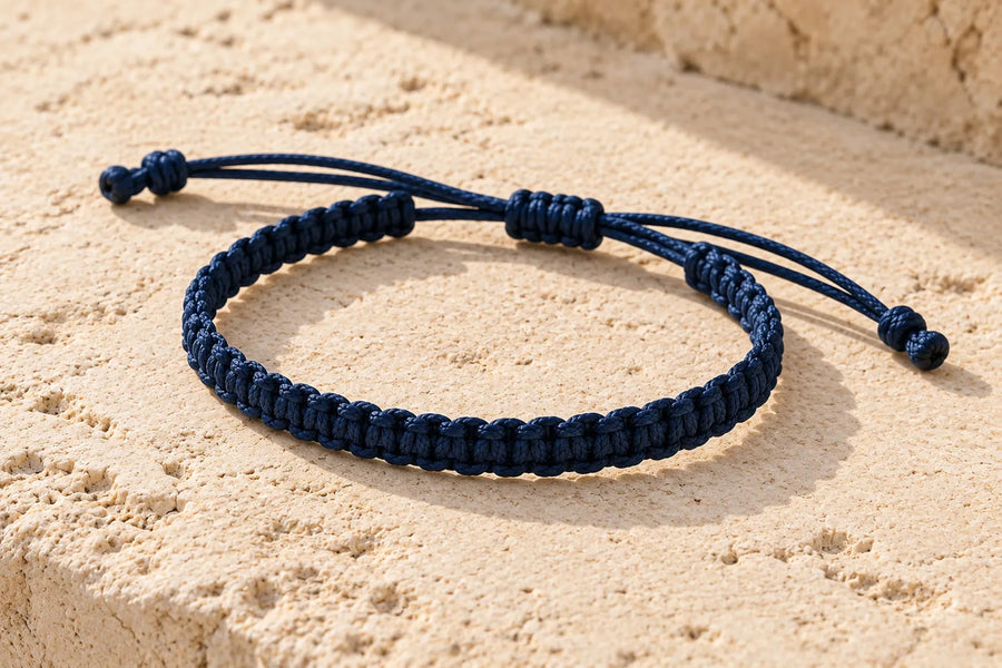 Navy knotted bracelet with a sliding closure and knotted cord ends resting on a pale stone surface.