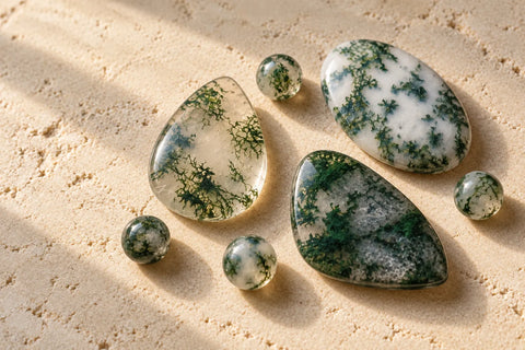 Polished moss agate stones and round beads with green branching patterns on pale limestone.