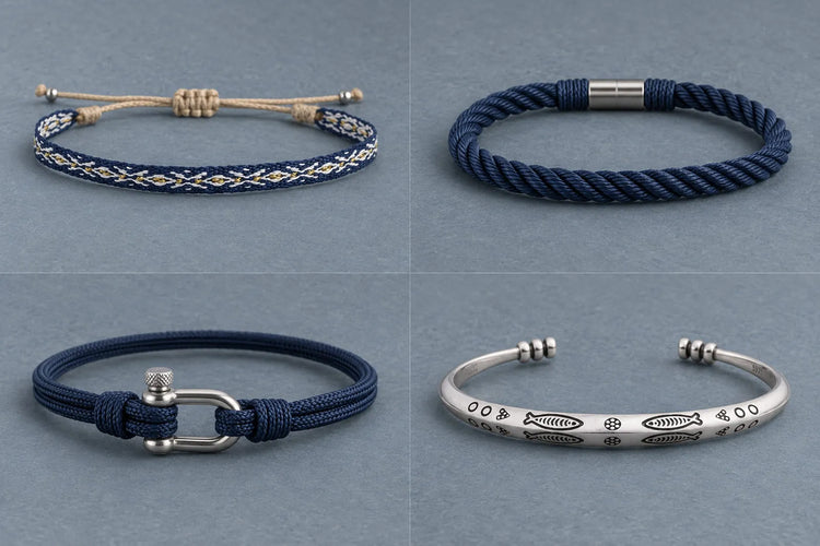 Nautical bracelets in four styles: patterned woven band, navy twisted rope, shackle clasp and fish motif cuff.