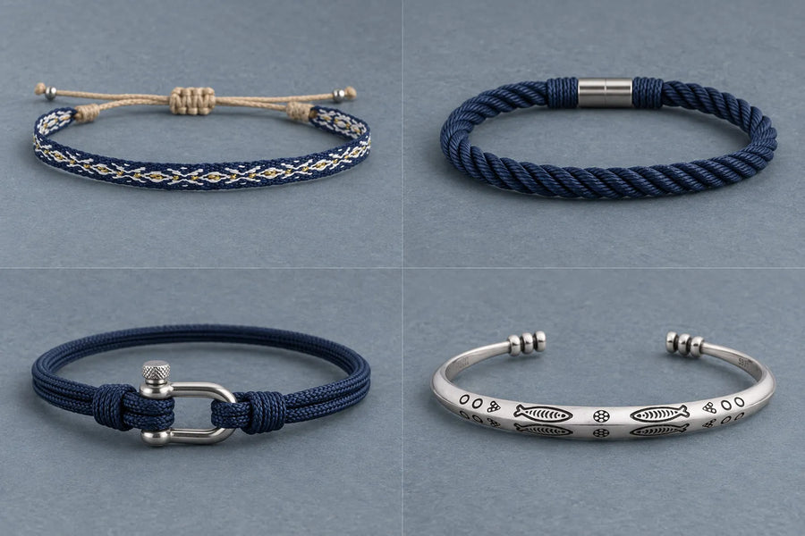 Nautical bracelets in four styles: patterned woven band, navy twisted rope, shackle clasp and fish motif cuff.