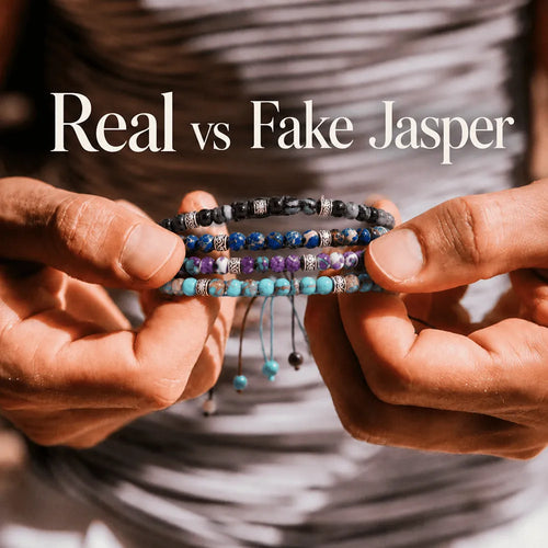 Real vs Fake Jasper blog cover showing several colorful jasper bead bracelets held in both hands