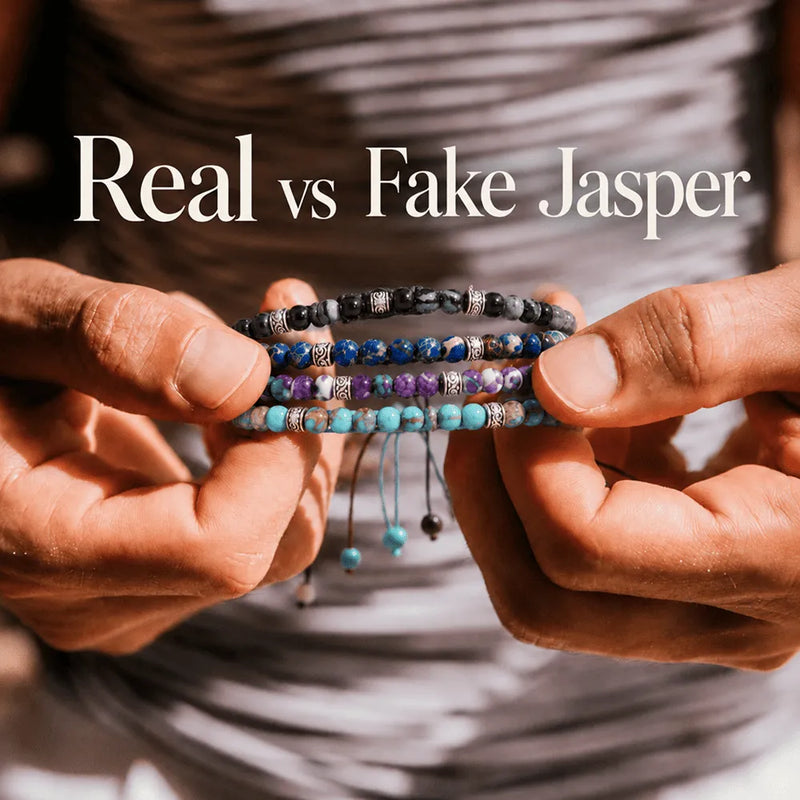 Real vs Fake Jasper blog cover showing several colorful jasper bead bracelets held in both hands