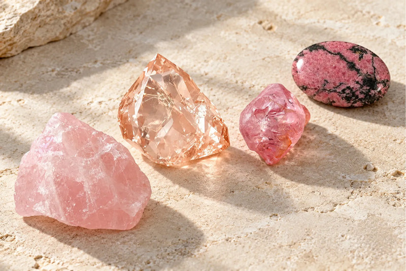 Four pink gemstones on pale stone, showing cloudy pink, clear peach, deep pink, and pink with dark markings.