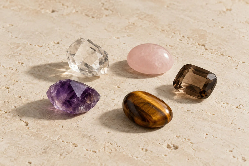 Quartz for jewelry shown as clear quartz, rose quartz, smoky quartz, amethyst and tiger's eye on limestone.