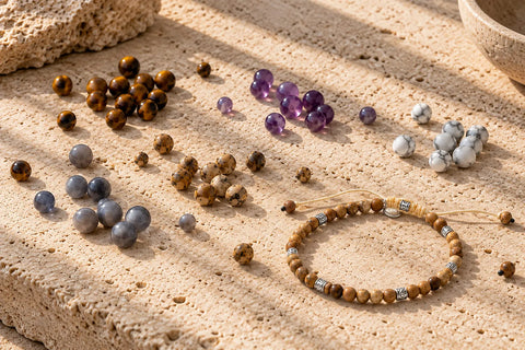 Semi precious stone beads in purple, gray, white and brown beside an adjustable beaded bracelet.