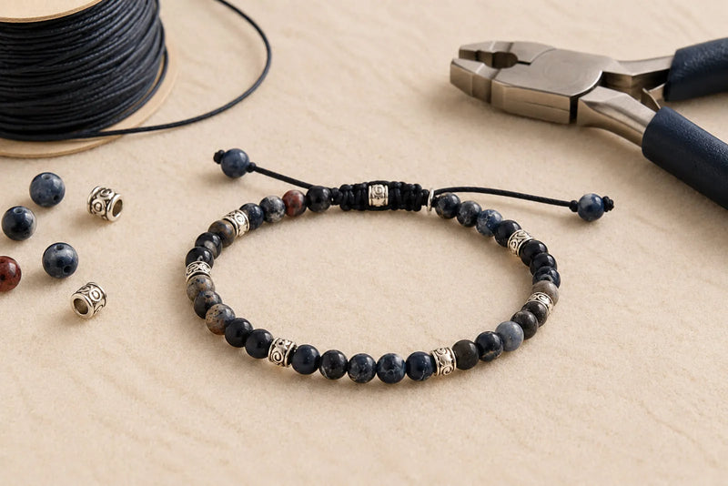Stringing Beads: dark blue beaded bracelet with a sliding knot, patterned spacers, black cord and pliers.