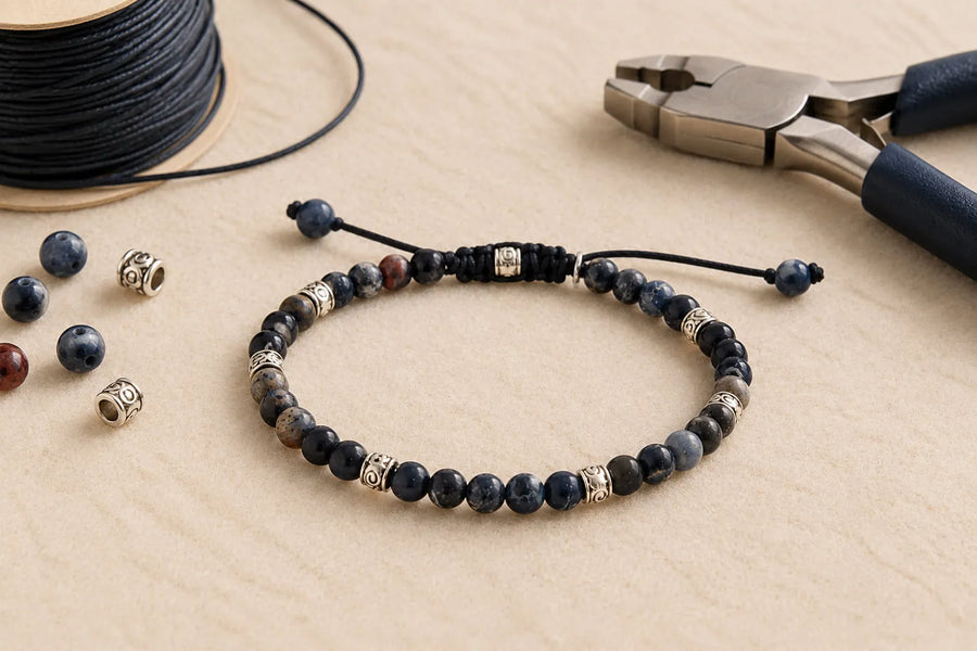 Stringing Beads: dark blue beaded bracelet with a sliding knot, patterned spacers, black cord and pliers.