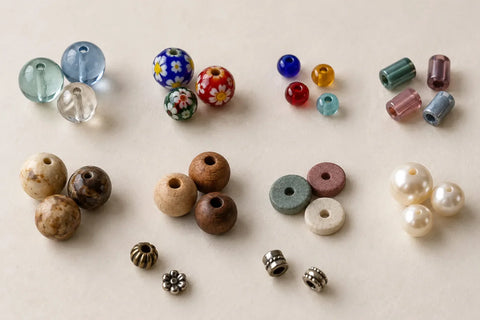 Assorted round, patterned, cylinder, disc, wood-style, pearl-like, and metal spacer beads on an off-white surface.
