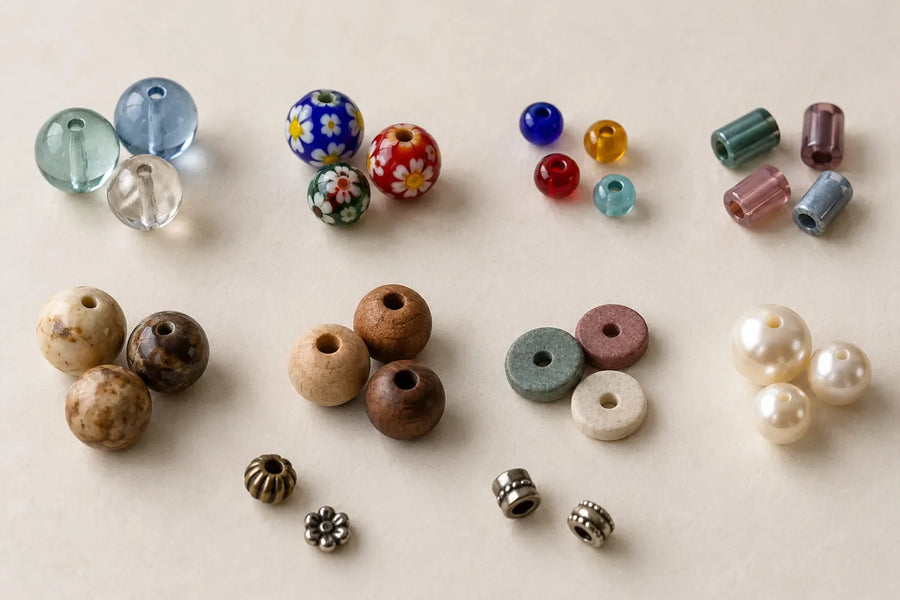 Assorted round, patterned, cylinder, disc, wood-style, pearl-like, and metal spacer beads on an off-white surface.