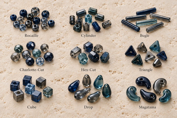 Types of Seed Beads chart: rocaille, cylinder, bugle, Charlotte-cut, hex-cut, triangle, cube, drop, and magatama.