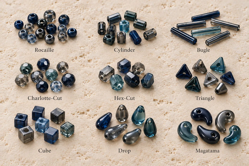 Types of Seed Beads chart: rocaille, cylinder, bugle, Charlotte-cut, hex-cut, triangle, cube, drop, and magatama.