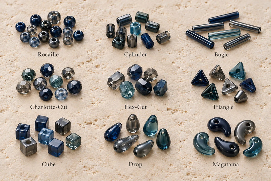 Types of Seed Beads chart: rocaille, cylinder, bugle, Charlotte-cut, hex-cut, triangle, cube, drop, and magatama.