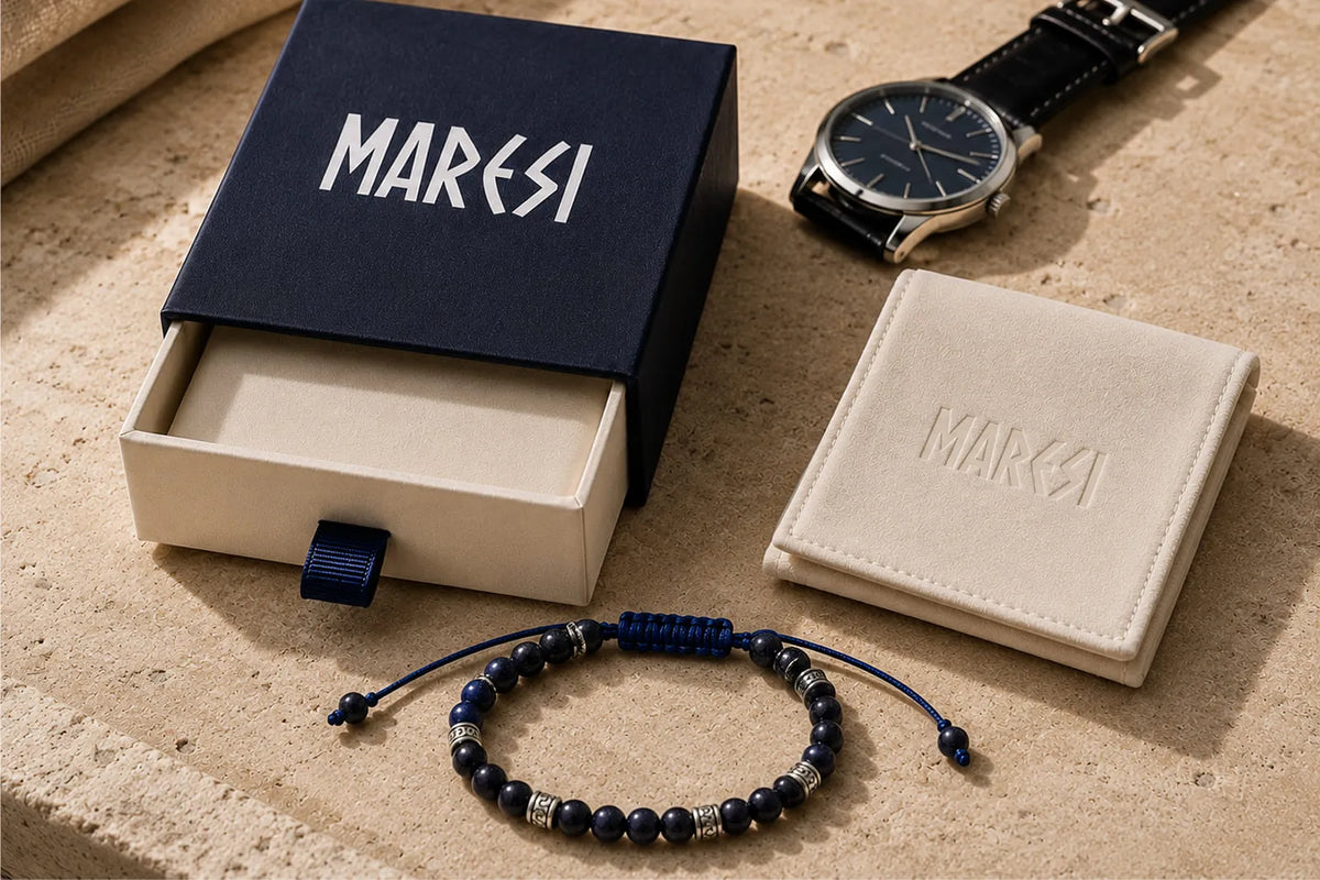 Blue beaded bracelet for boyfriend displayed beside a Maresi gift box, pouch and wristwatch